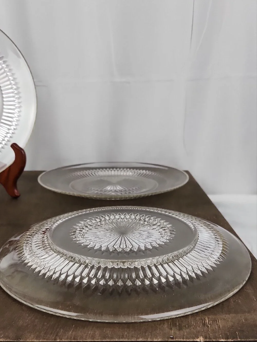 Vintage Pressed Glass Serving Plates Set of 4 Starburst Cut Rear Impressions